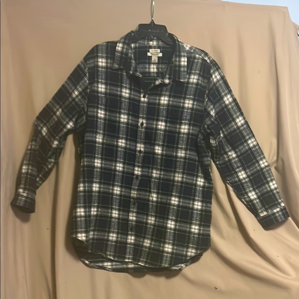 LL Bean women scotch plaid navy & white tunic length flannel shirt size xl  EUC